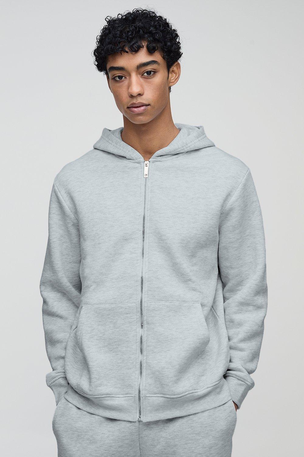 Mens Grey Basic Regular Fit Zip Through Hoodie, Grey